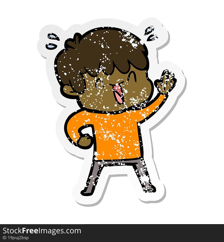 distressed sticker of a cartoon laughing boy