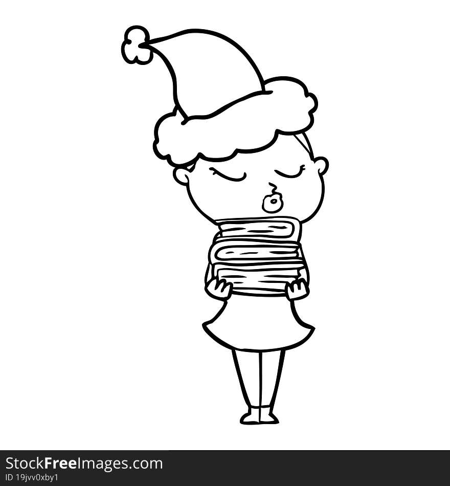 line drawing of a calm woman wearing santa hat