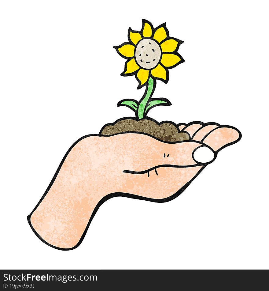 textured cartoon flower growing in palm of hand