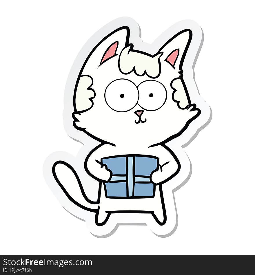 sticker of a happy cartoon cat with present