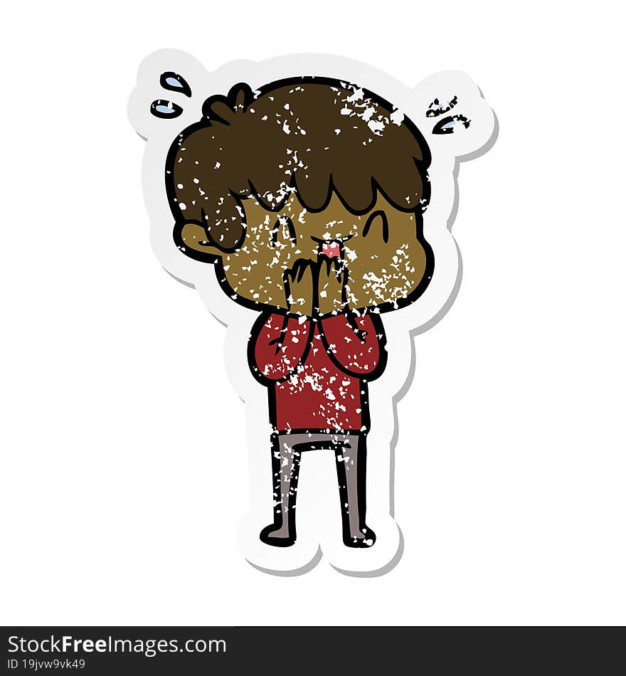 distressed sticker of a cartoon laughing boy