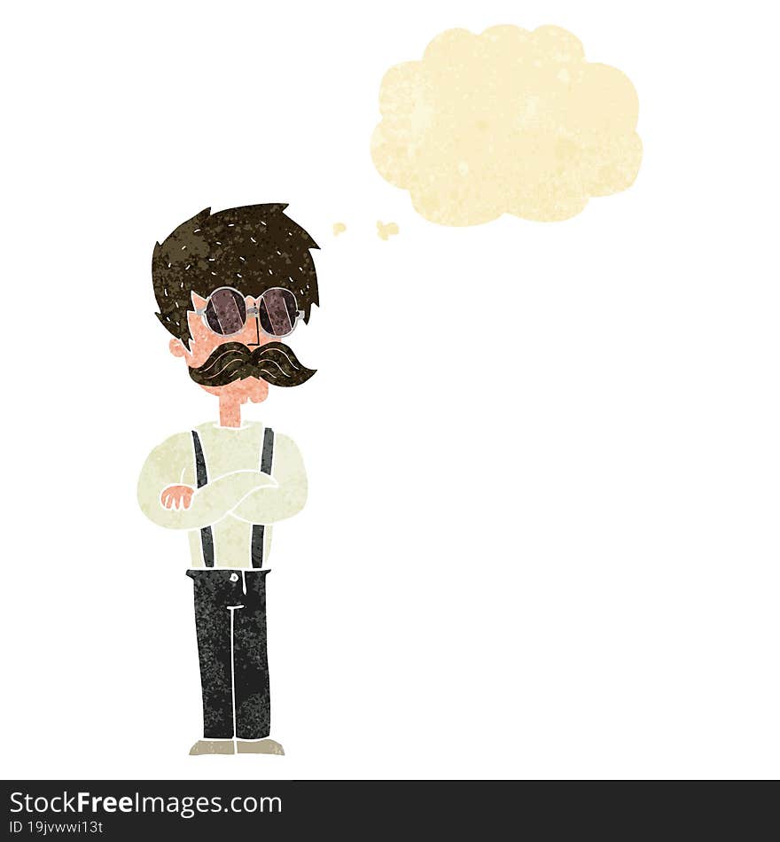 cartoon hipster man with mustache and spectacles with thought bubble