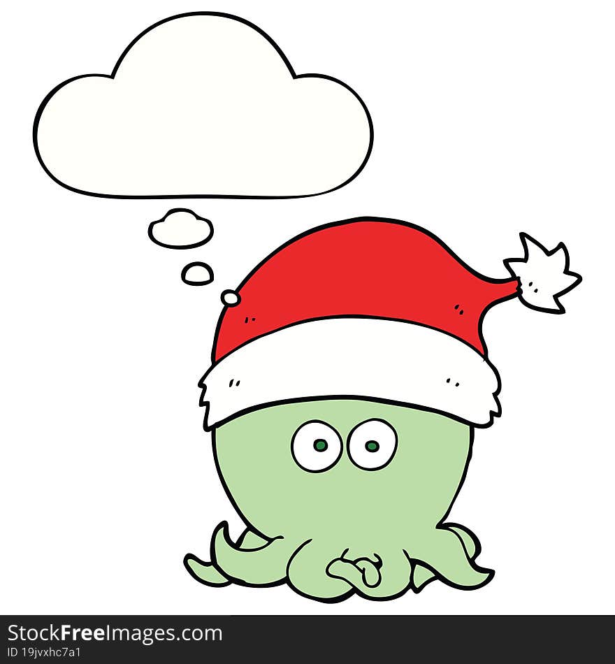 cartoon octopus wearing christmas hat and thought bubble