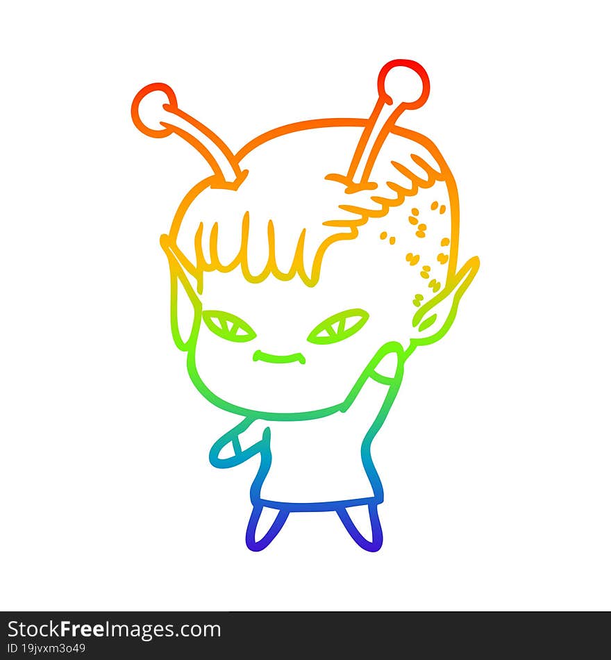 rainbow gradient line drawing of a cute cartoon alien girl