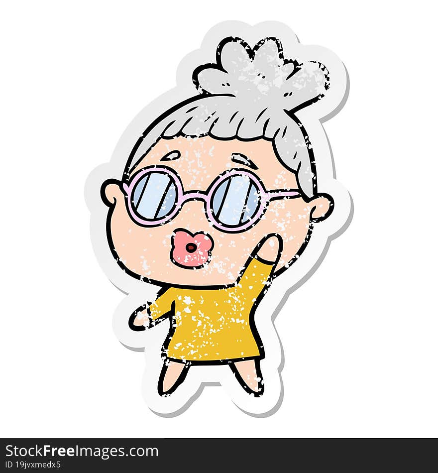 distressed sticker of a cartoon woman wearing spectacles