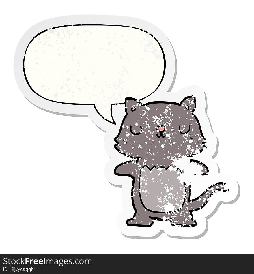 cartoon cat with speech bubble distressed distressed old sticker. cartoon cat with speech bubble distressed distressed old sticker