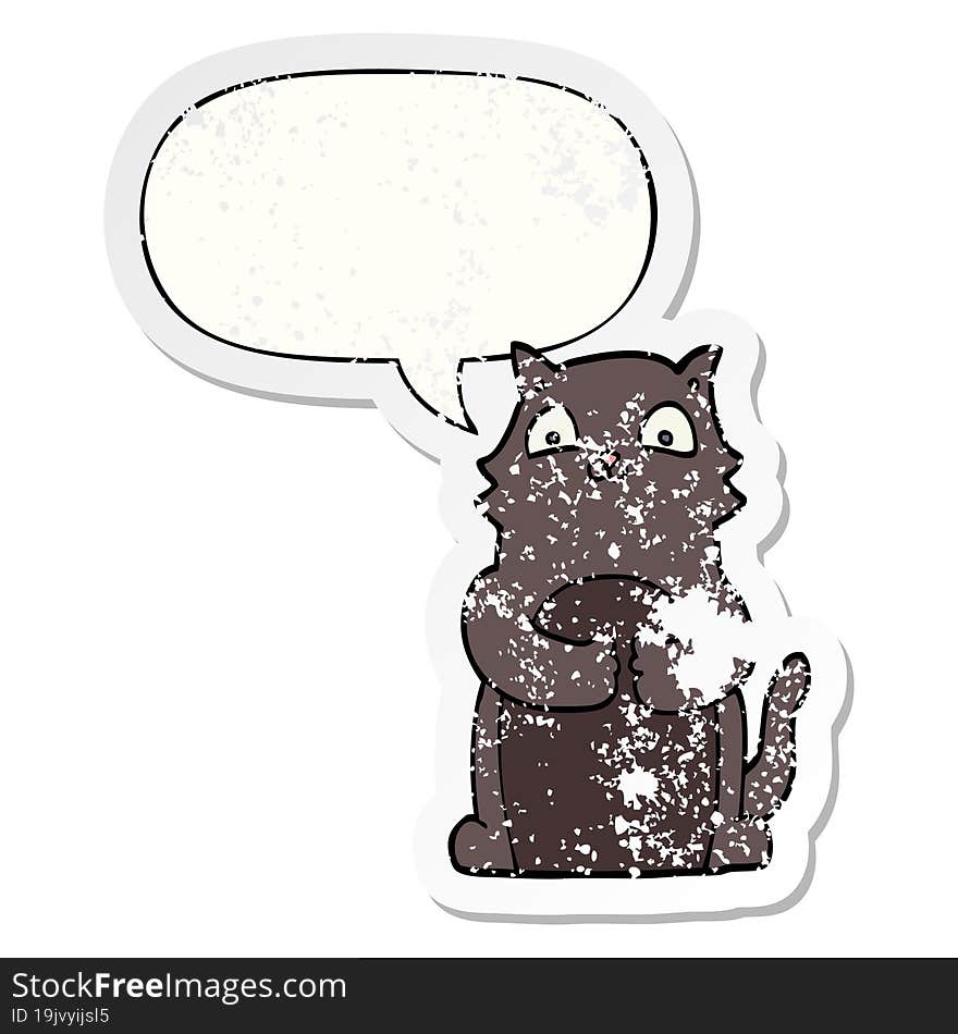 cartoon cat with speech bubble distressed distressed old sticker. cartoon cat with speech bubble distressed distressed old sticker