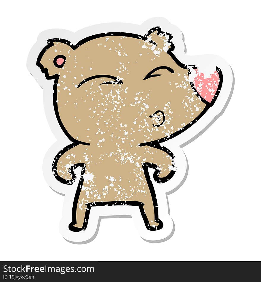 distressed sticker of a cartoon whistling bear