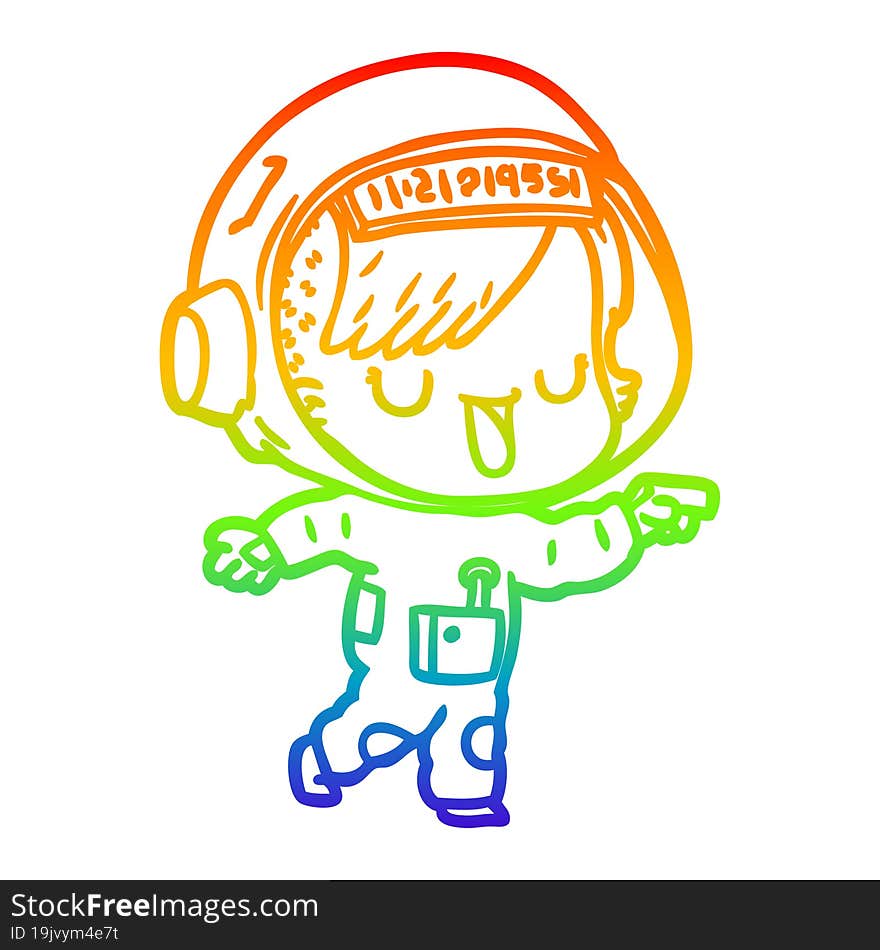 rainbow gradient line drawing of a cartoon astronaut woman