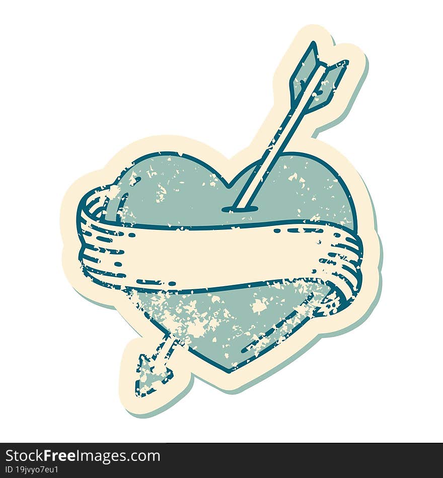 distressed sticker tattoo style icon of an arrow heart and banner