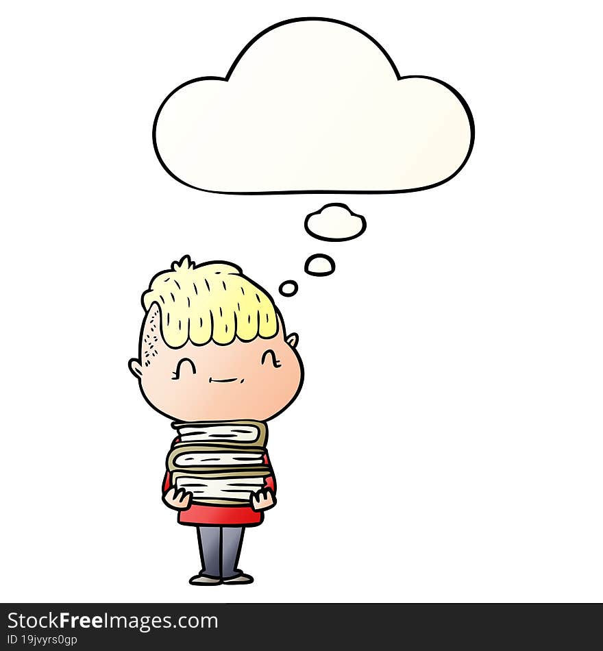 cartoon friendly boy with books and thought bubble in smooth gradient style