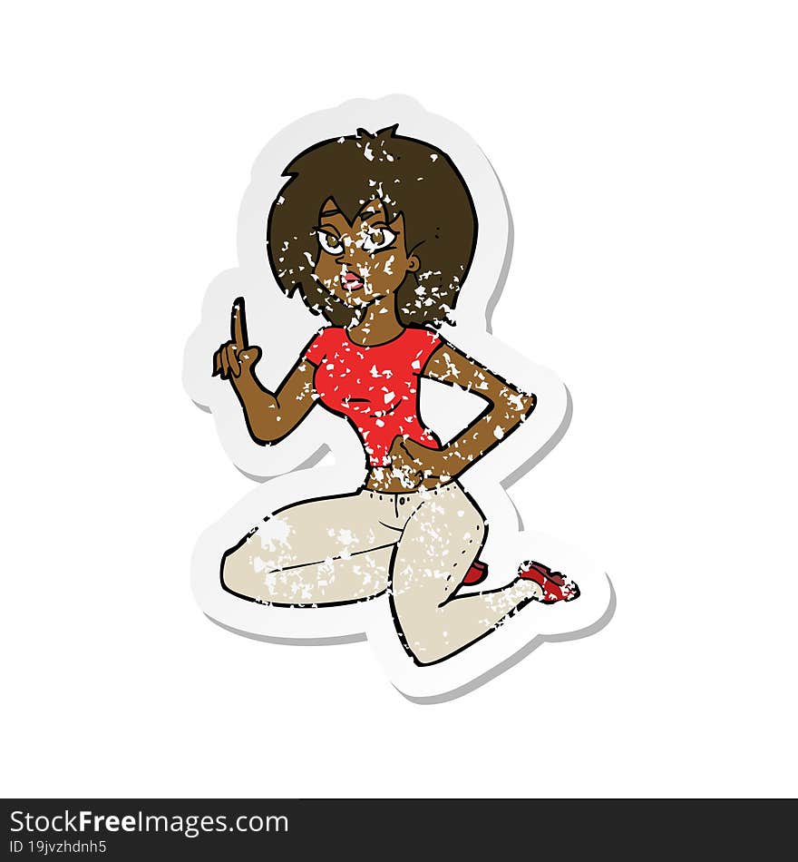 retro distressed sticker of a cartoon sitting woman with idea