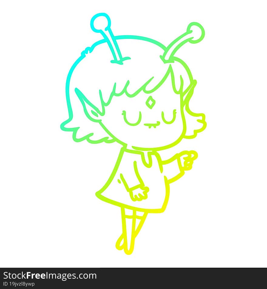 cold gradient line drawing of a cartoon alien girl