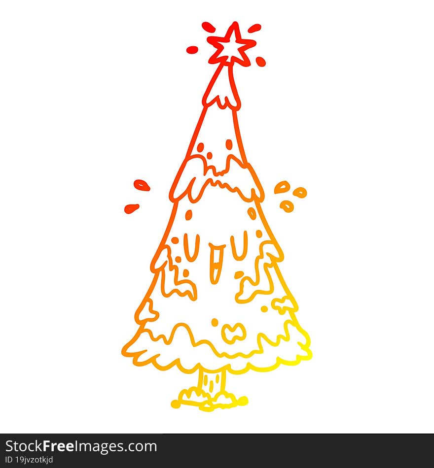 warm gradient line drawing of a snowy christmas tree with happy face