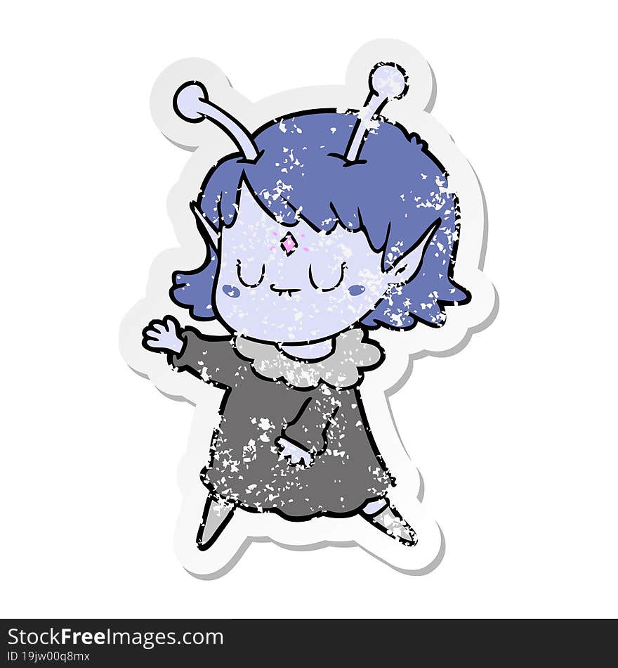 distressed sticker of a cartoon alien girl dancing