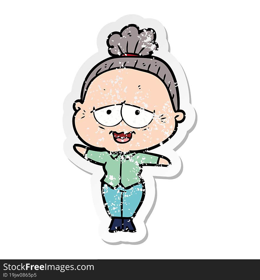 Distressed Sticker Of A Cartoon Happy Old Lady