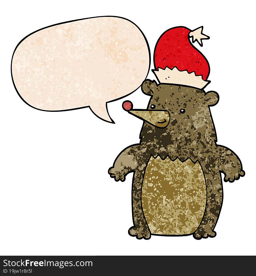 Cartoon Bear Wearing Christmas Hat And Speech Bubble In Retro Texture Style