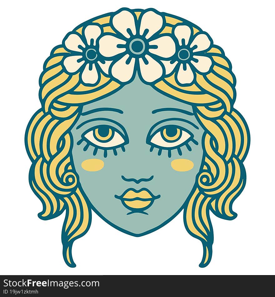 Tattoo Style Icon Of Female Face With Crown Of Flowers