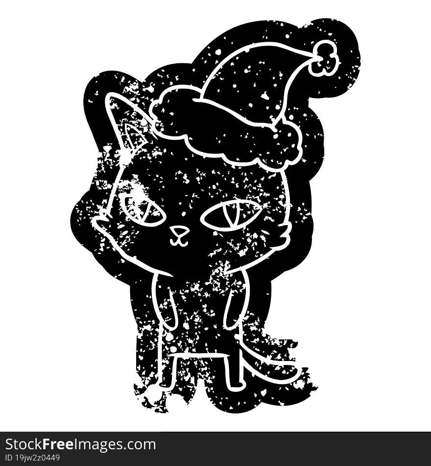 Cartoon Distressed Icon Of A Cat With Bright Eyes Wearing Santa Hat