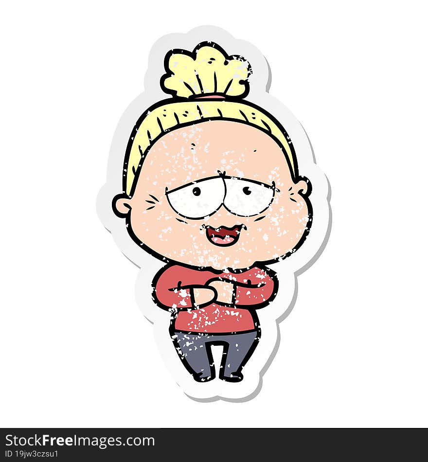 distressed sticker of a cartoon happy old lady