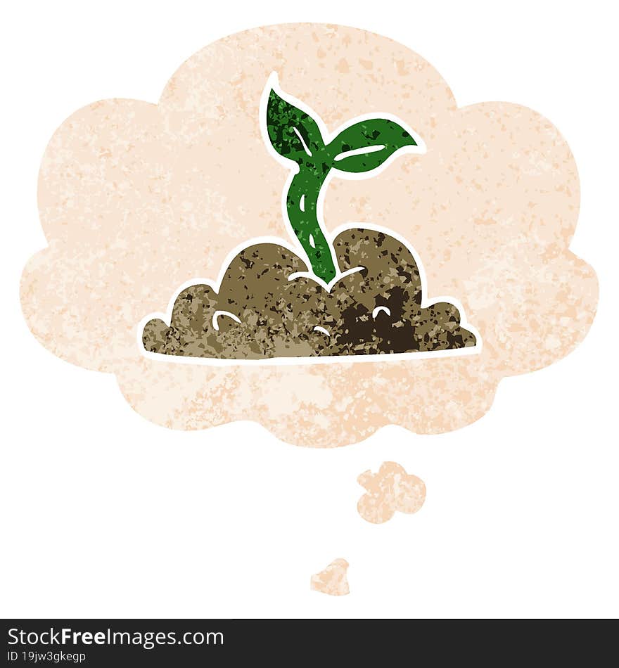 Cartoon Growing Seedling And Thought Bubble In Retro Textured Style