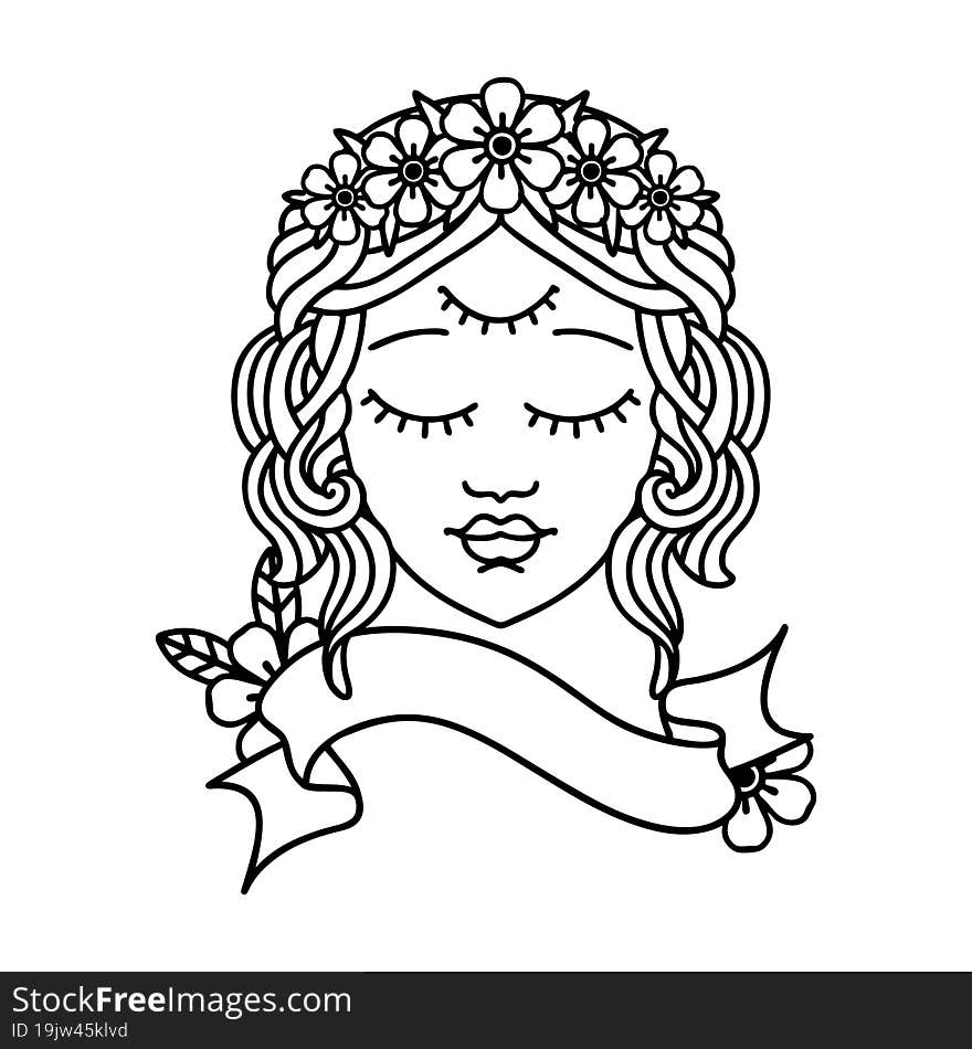 black linework tattoo with banner of female face with third eye