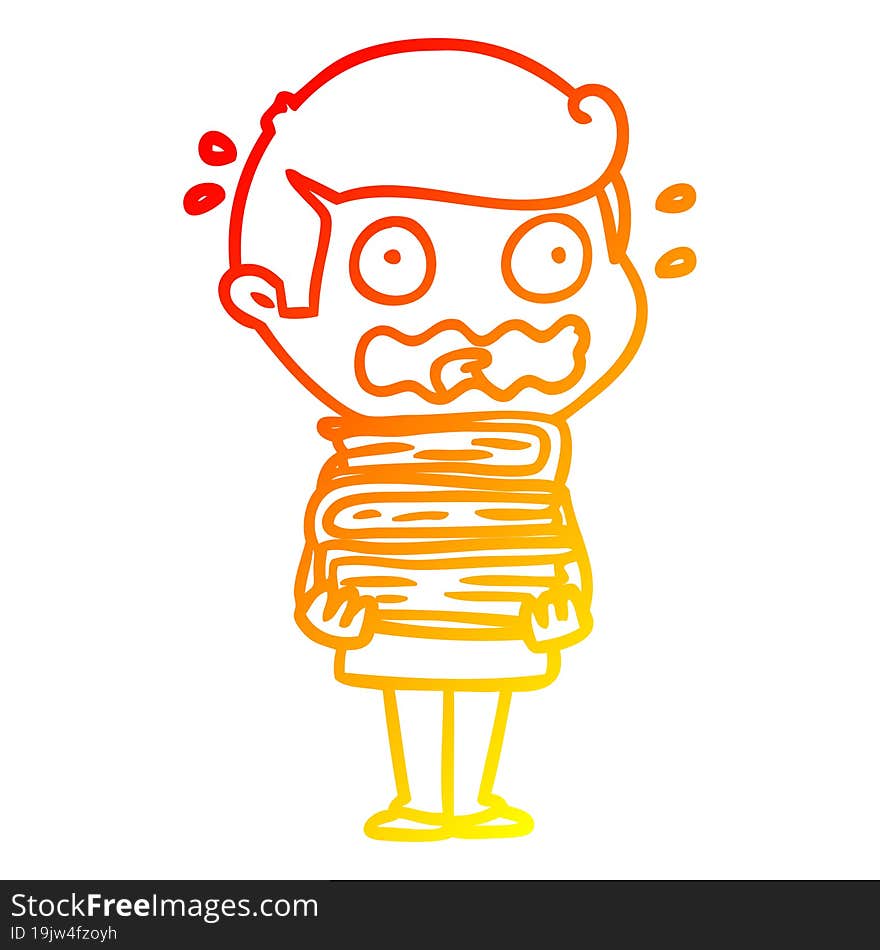 Warm Gradient Line Drawing Cartoon Man With Books Totally Stressed Out