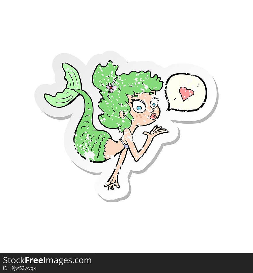 retro distressed sticker of a cartoon mermaid in love