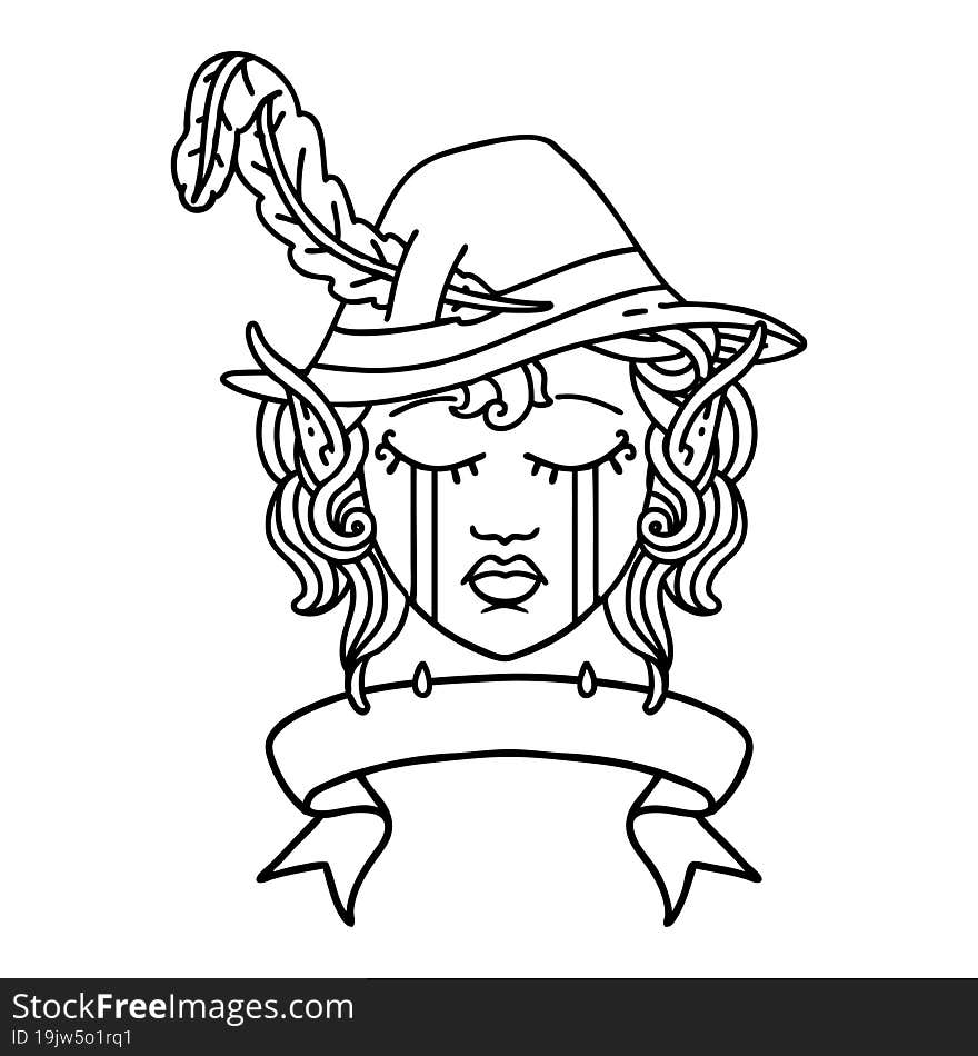 Black and White Tattoo linework Style crying elf bard character face with banner. Black and White Tattoo linework Style crying elf bard character face with banner