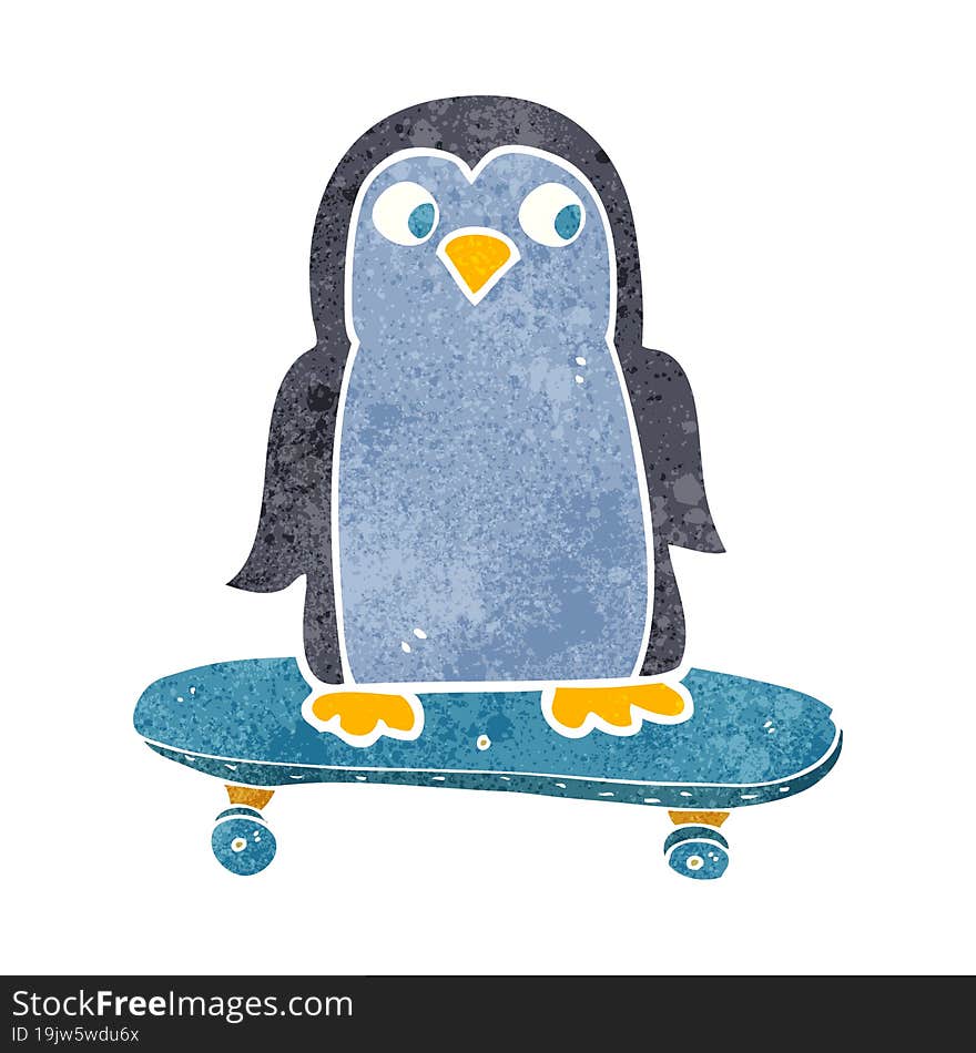 Retro Cartoon Penguin Riding Skateboard