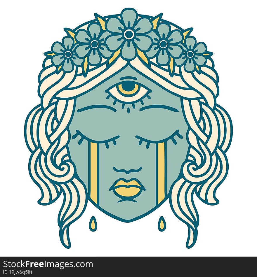 tattoo style icon of female face with third eye crying