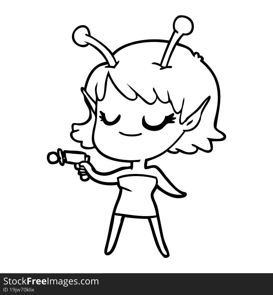 smiling alien girl cartoon pointing ray gun. smiling alien girl cartoon pointing ray gun