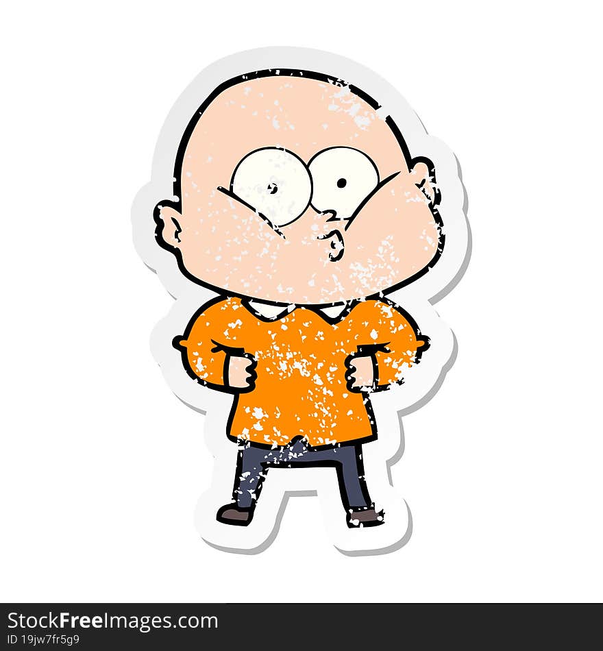 distressed sticker of a cartoon bald man staring