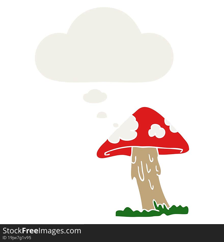 cartoon mushroom with thought bubble in retro style