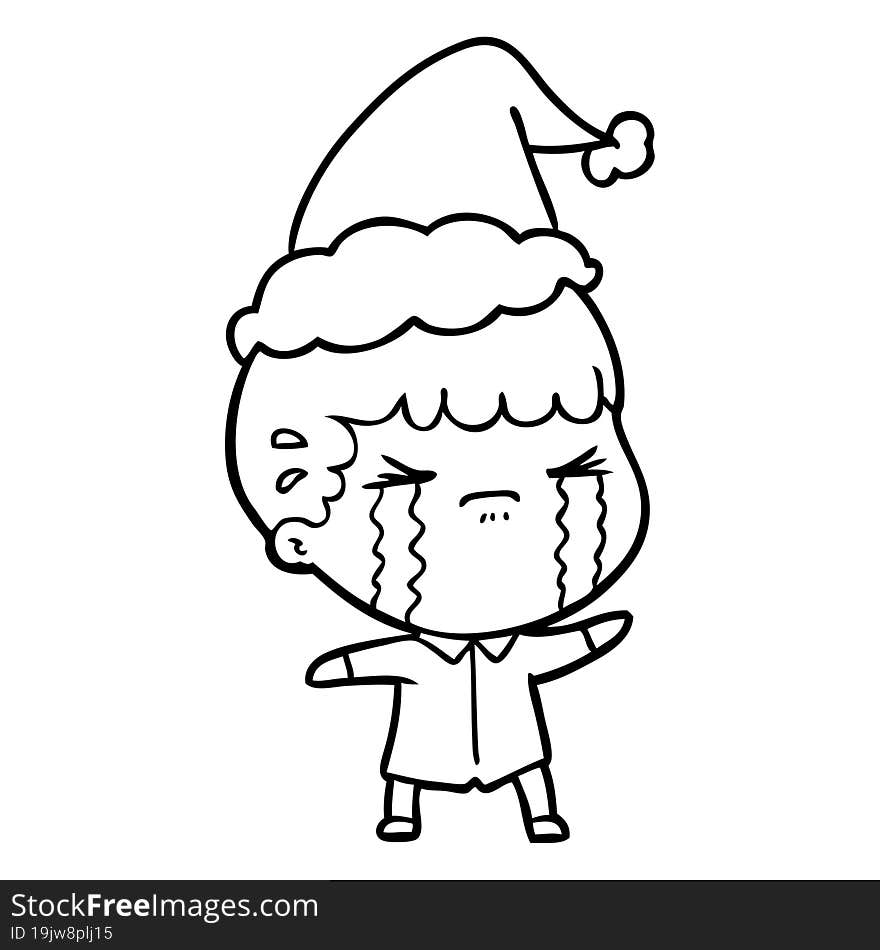 line drawing of a man crying wearing santa hat