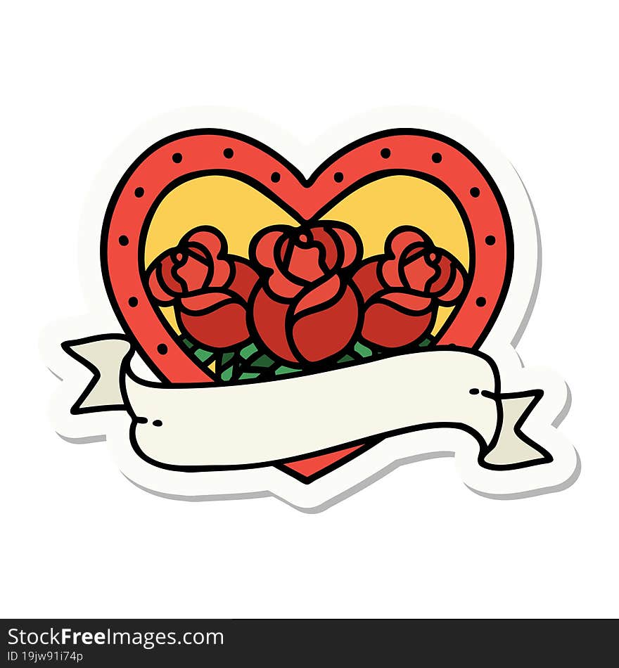 Tattoo Style Sticker Of A Heart And Banner With Flowers