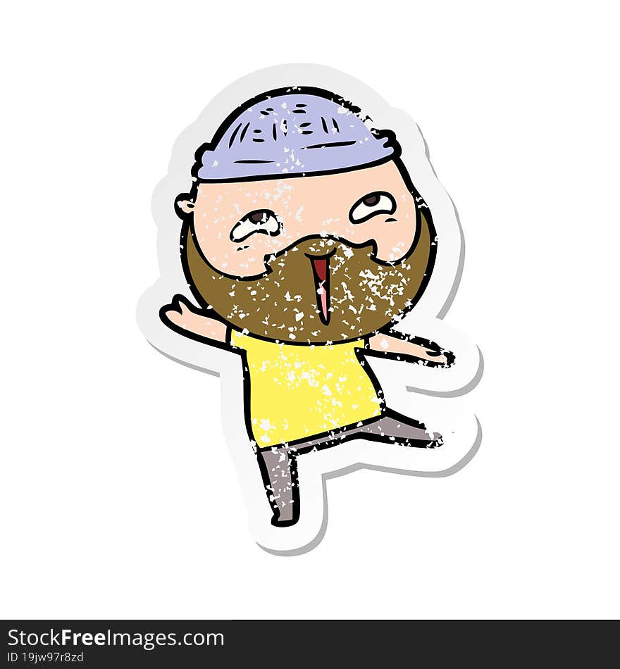 distressed sticker of a cartoon happy bearded man