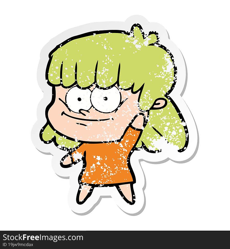 distressed sticker of a cartoon girl smiling