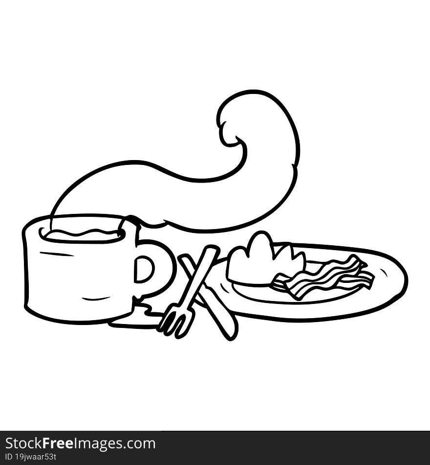 line drawing of a breakfast of coffee and bacon. line drawing of a breakfast of coffee and bacon