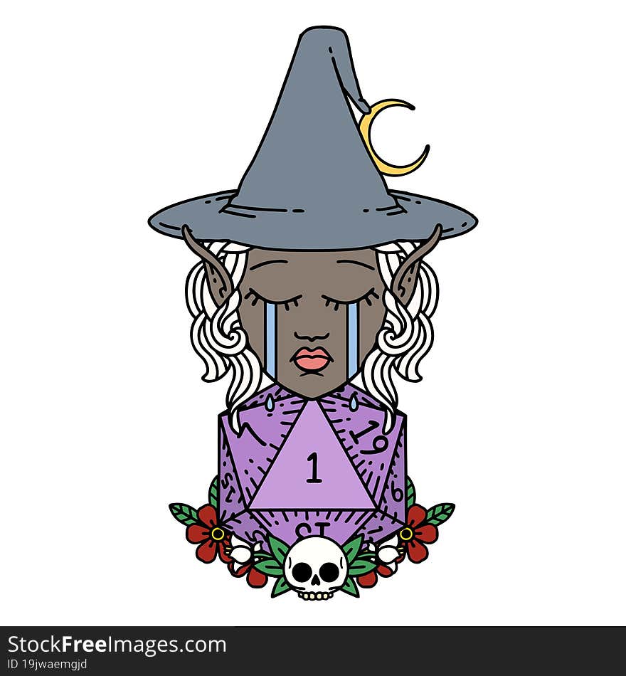 crying elf witch with natural one D20 roll illustration