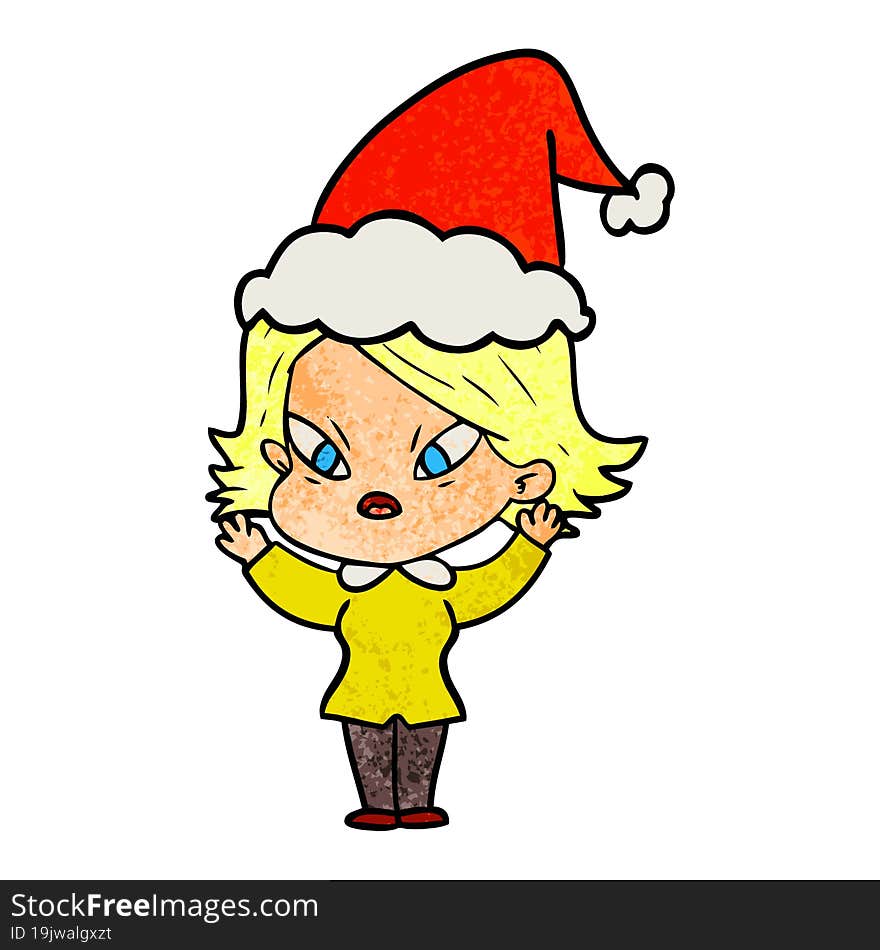 hand drawn textured cartoon of a stressed woman wearing santa hat