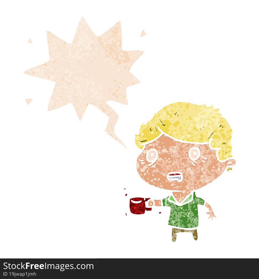 cartoon man with cup of coffee and speech bubble in retro textured style