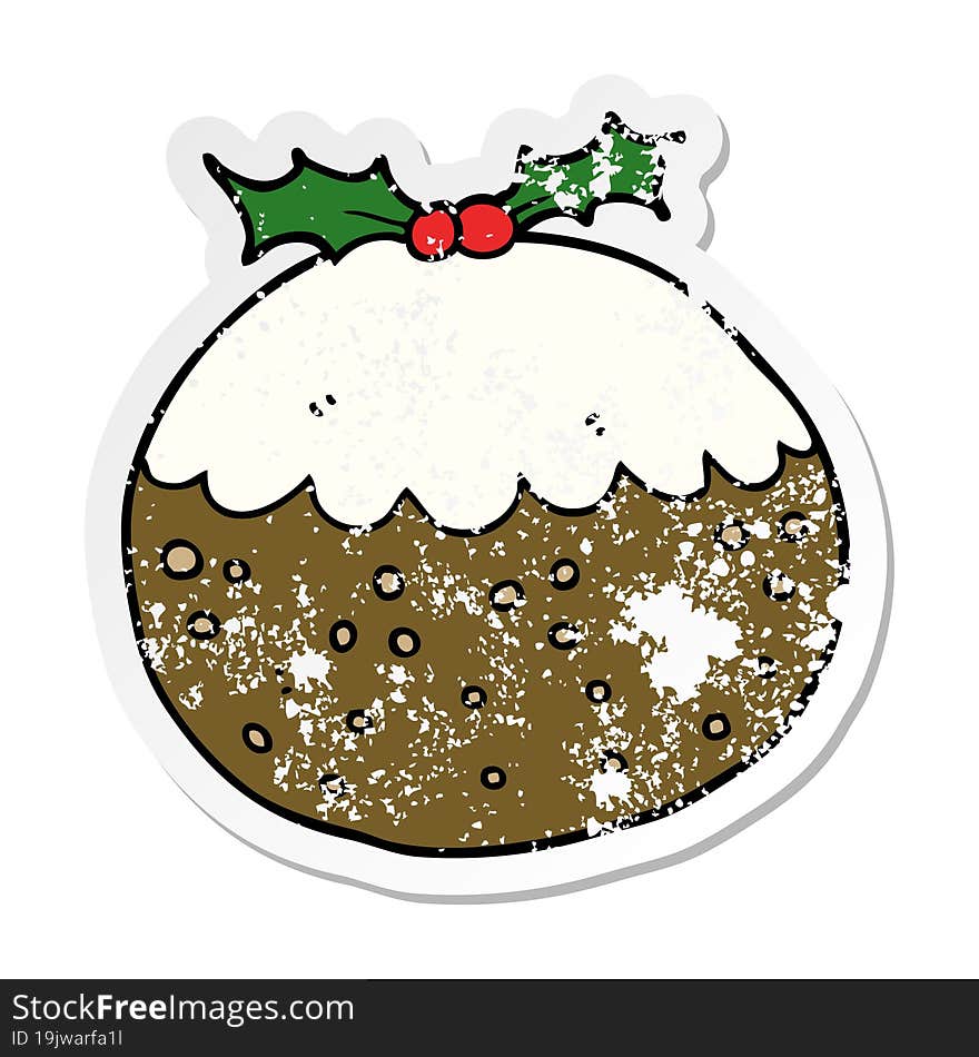 distressed sticker of a cartoon christmas pudding