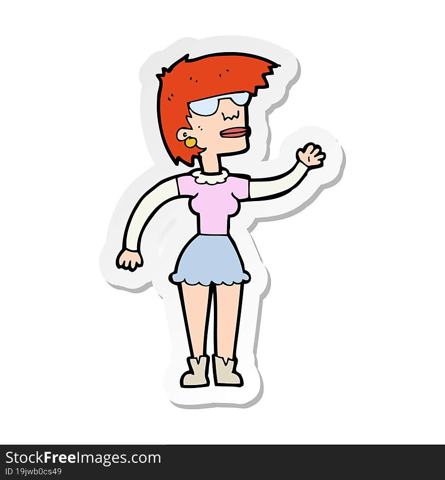 sticker of a cartoon woman in spectacles waving