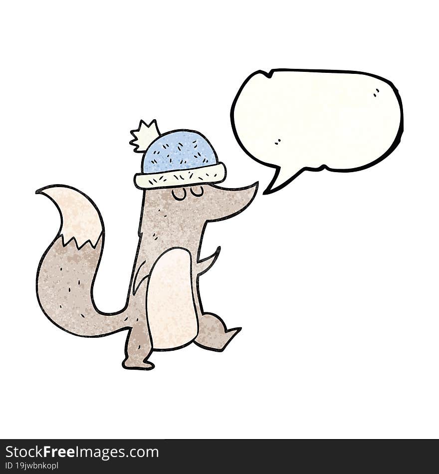 speech bubble textured cartoon little wolf wearing hat