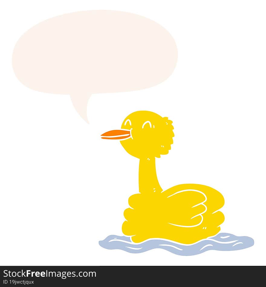 cartoon swimming duck with speech bubble in retro style