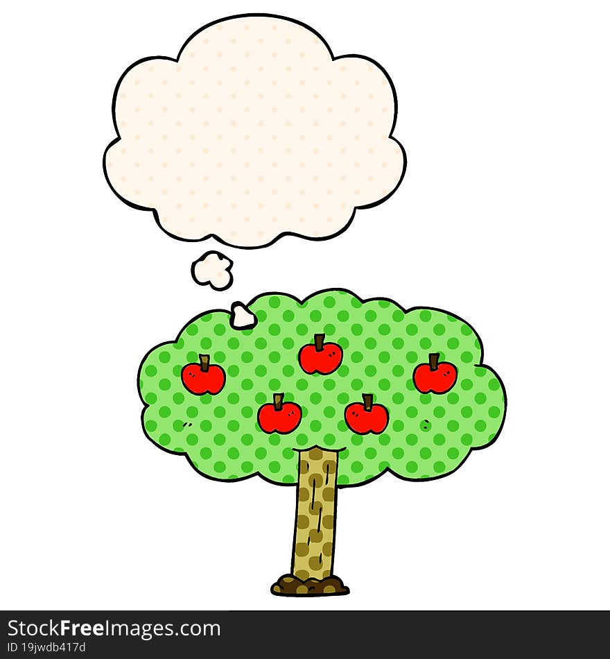 cartoon apple tree and thought bubble in comic book style