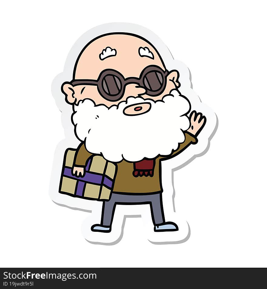 sticker of a cartoon curious man with beard sunglasses and present