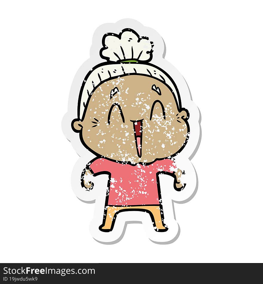 distressed sticker of a cartoon happy old lady