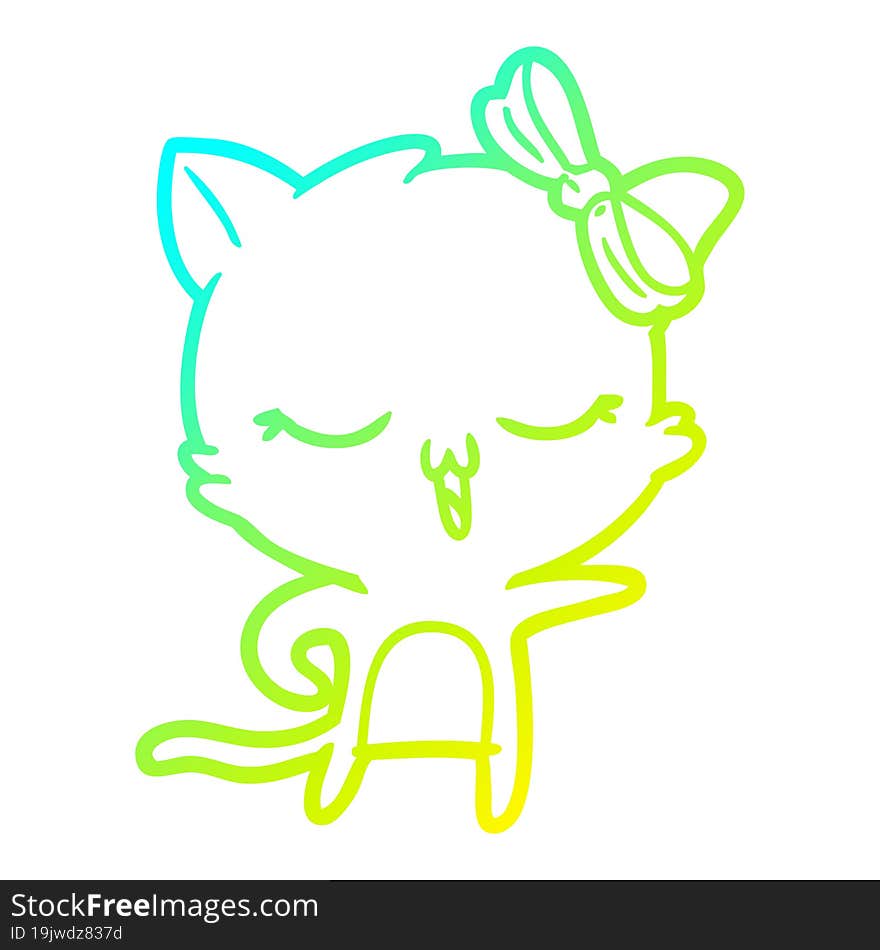 cold gradient line drawing cartoon cat with bow on head